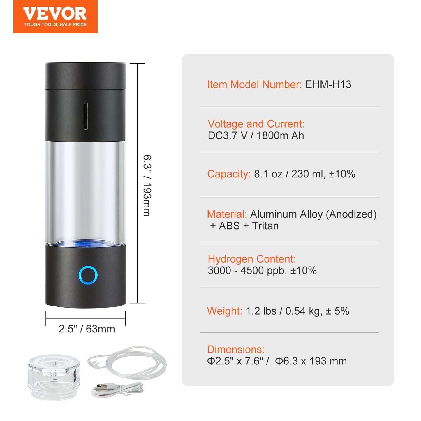 VEVOR Hydrogen Water Bottle Generator, 230 ml / 8.1 oz Capacity Portable Hydrogen