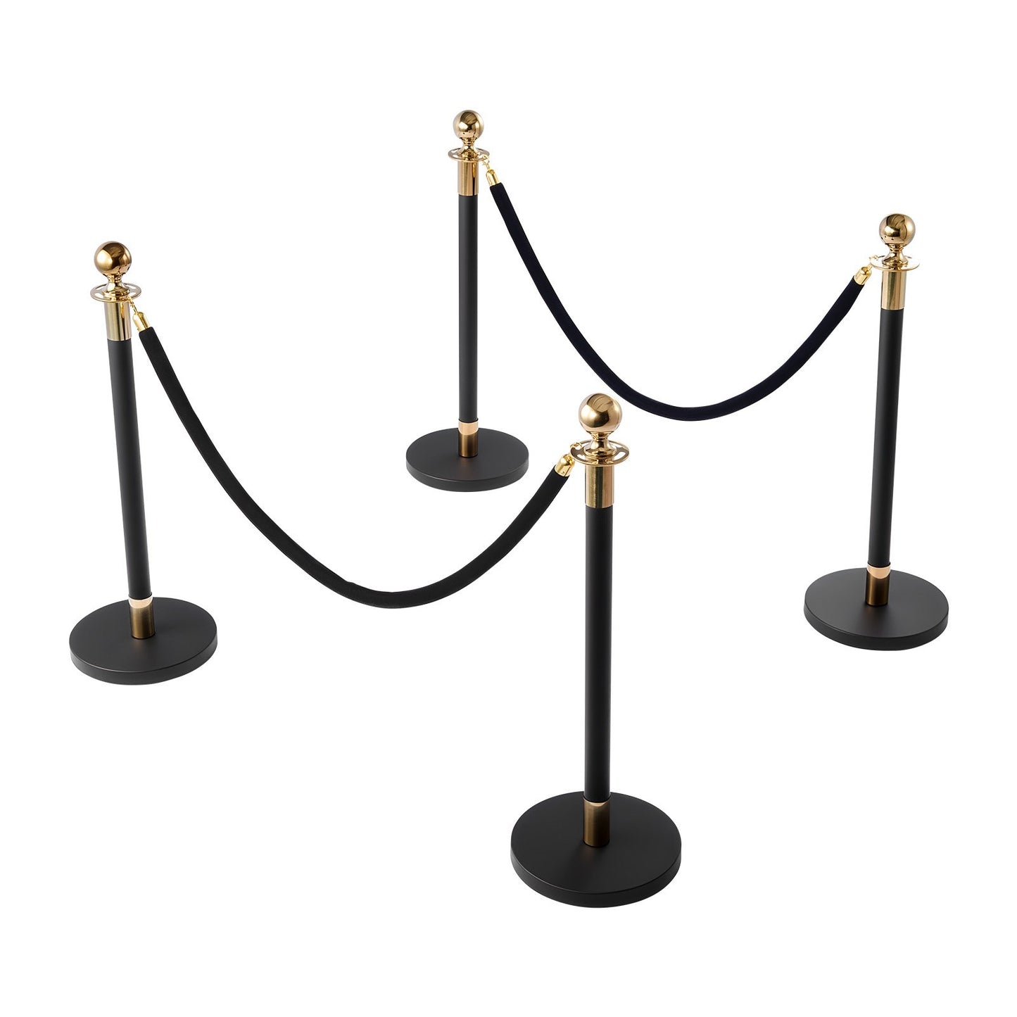 Stanchion Post, 4 Pcs Crowd Control Barrier Set with 2 Black Velvet Ropes, Heavy Duty Stainless Steel Stanchion Post Queue with Hollow Base for Theater, Party, Wedding, Exhibition, Event (Black)