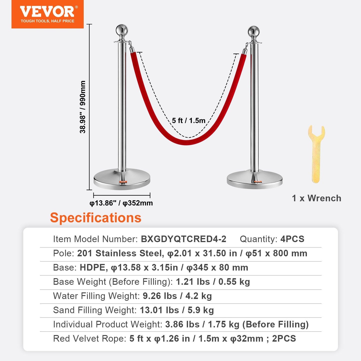 4-Pack Stainless Steel Stanchions with Red Velvet Ropes for Crowd Control