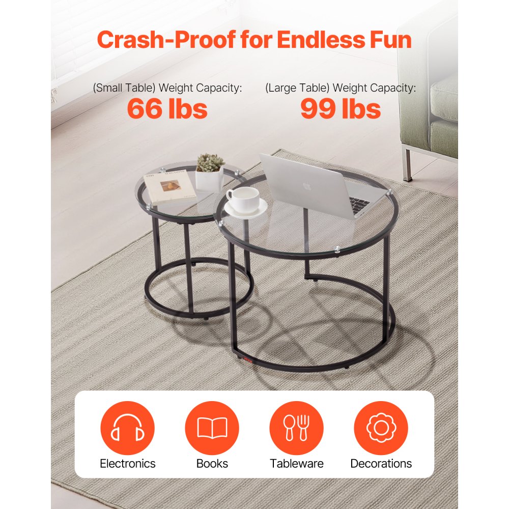 VEVOR Nesting Coffee Table Set of 2 Glass Coffee Table 600 mm for Living Room