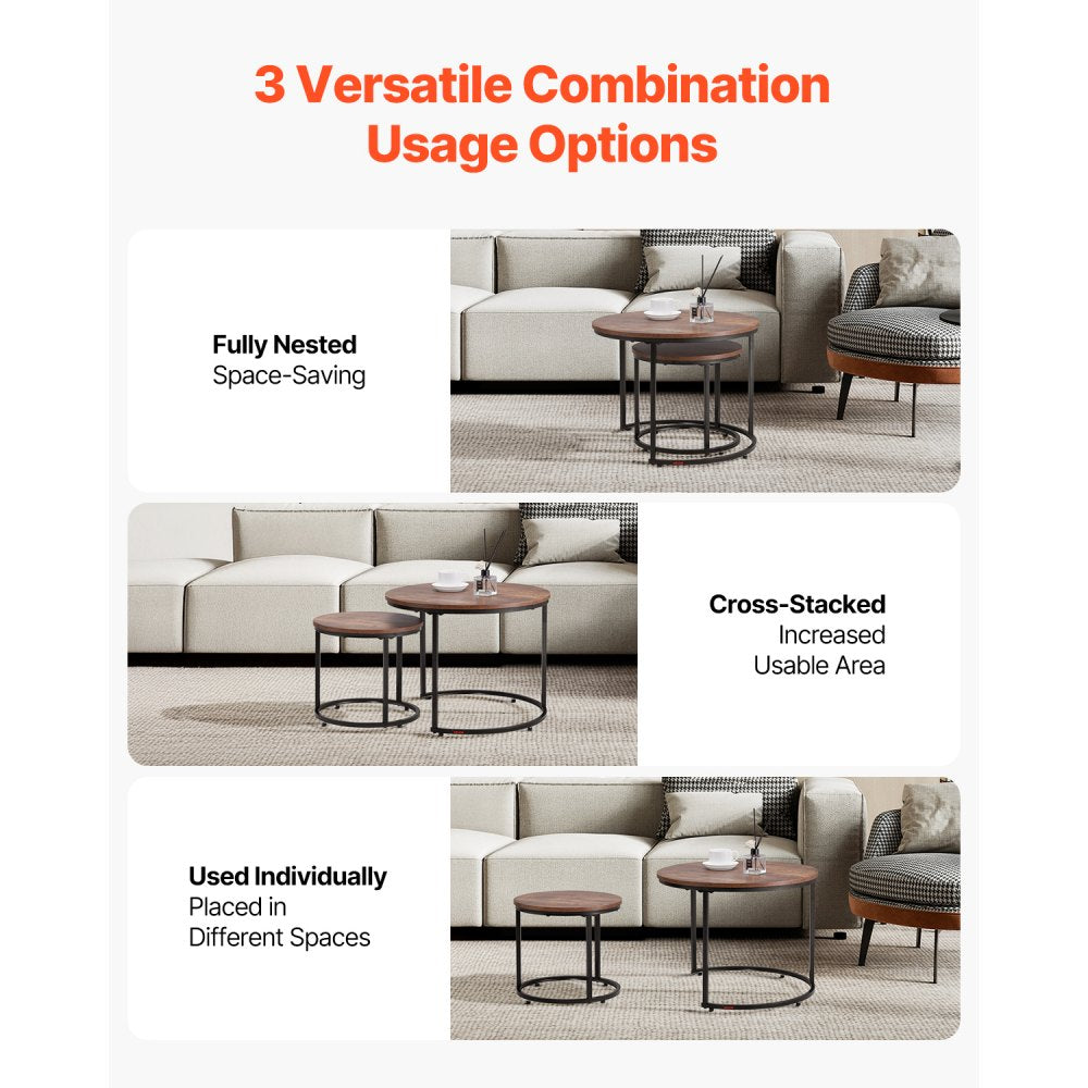 VEVOR Nesting Coffee Table Set of 2 Round Coffee Table 600 mm (Brown & Black)