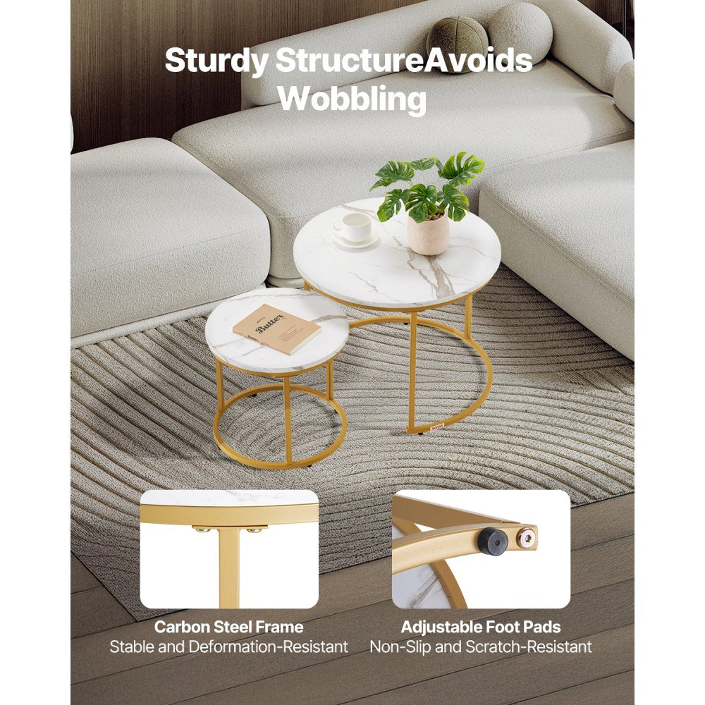VEVOR Nesting Coffee Table Set of 2 Round Coffee Table 600 mm (White & Gold)