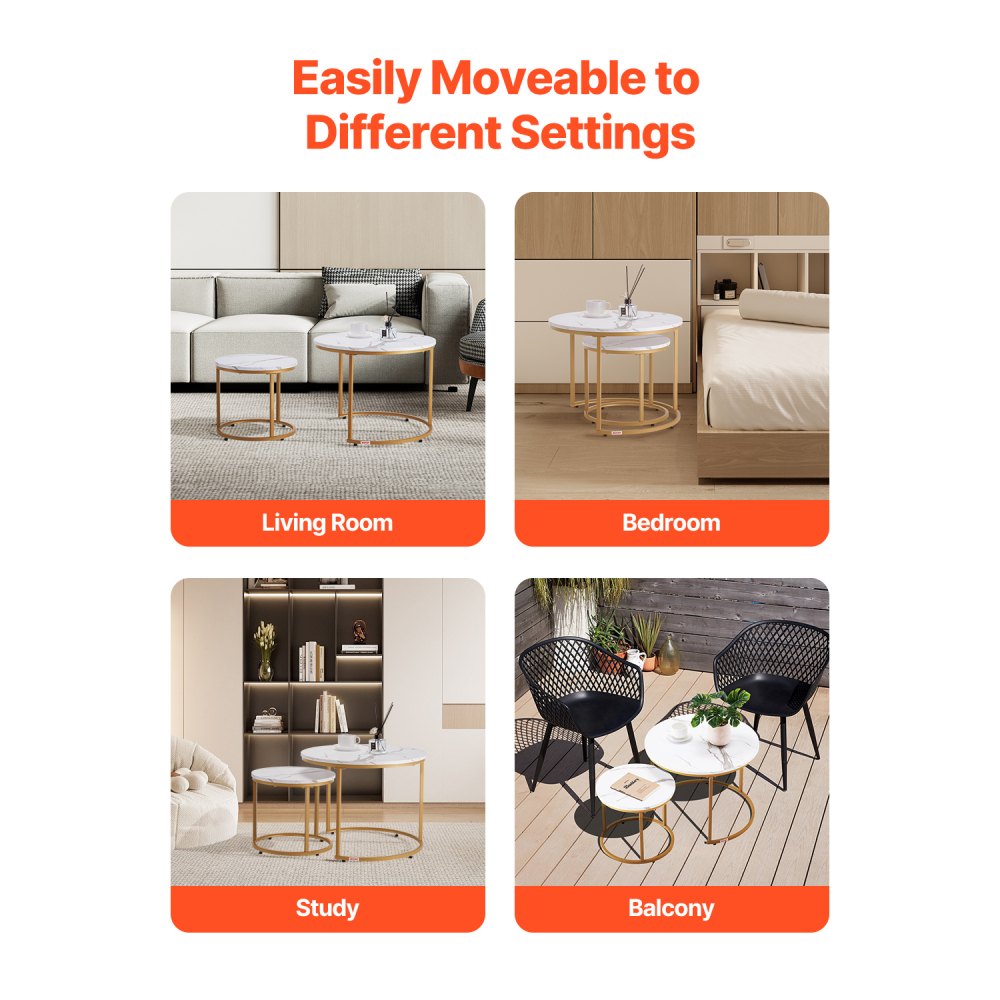 VEVOR Nesting Coffee Table Set of 2 Round Coffee Table 600 mm (White & Gold)