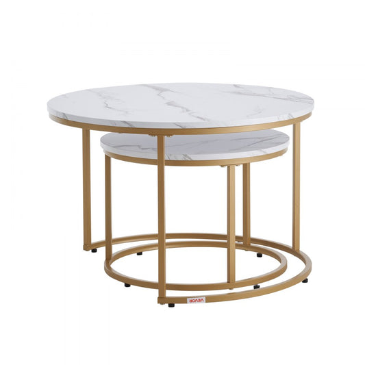 VEVOR Nesting Coffee Table Set of 2 Round Coffee Table 700 mm (White & Gold)