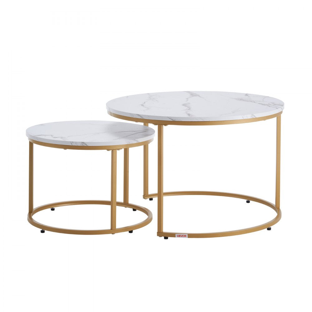 VEVOR Nesting Coffee Table Set of 2 Round Coffee Table 700 mm (White & Gold)