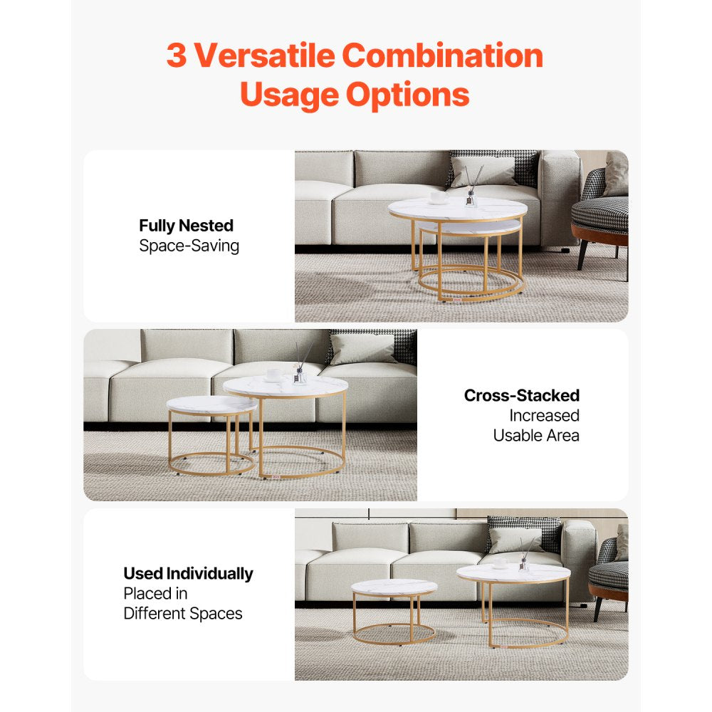 VEVOR Nesting Coffee Table Set of 2 Round Coffee Table 800 mm (White & Gold)