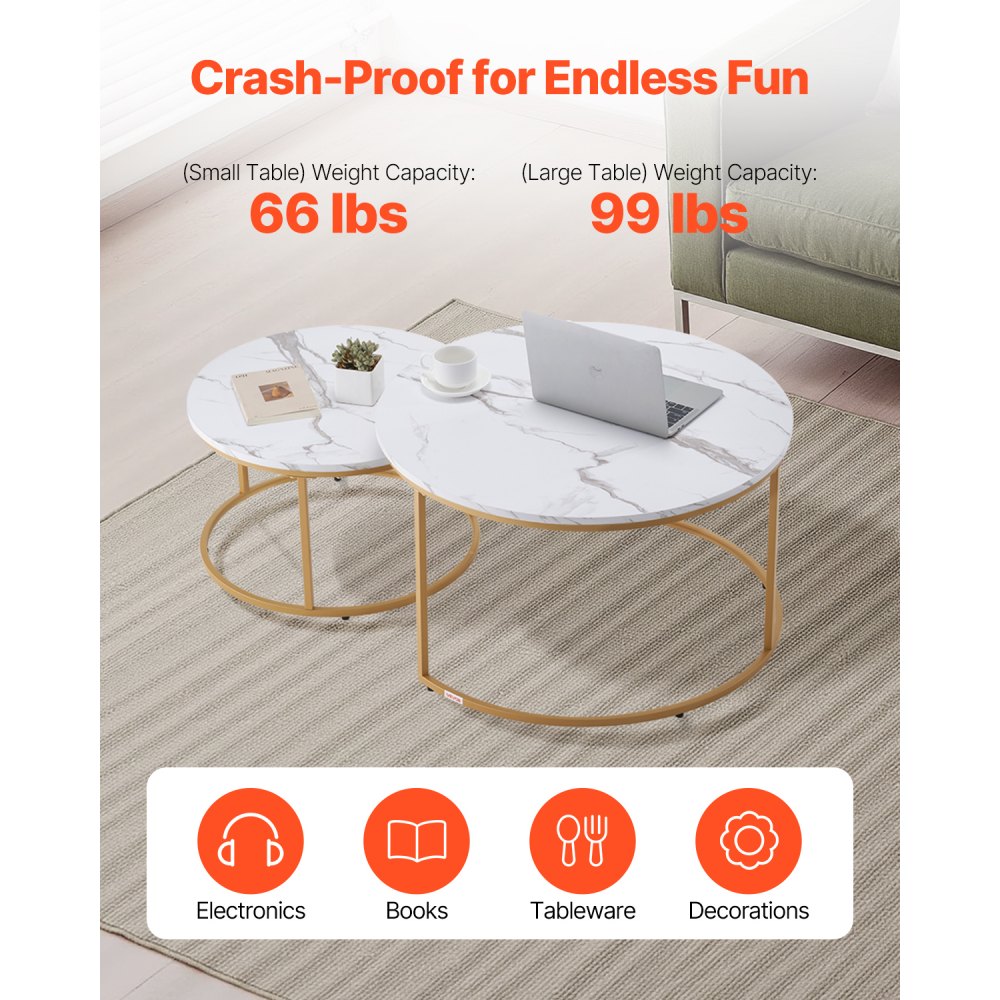 VEVOR Nesting Coffee Table Set of 2 Round Coffee Table 800 mm (White & Gold)