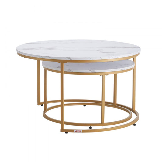 VEVOR Nesting Coffee Table Set of 2 Round Coffee Table 800 mm (White & Gold)