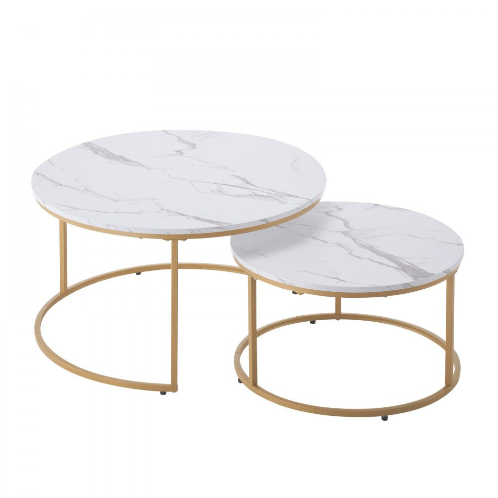 VEVOR Nesting Coffee Table Set of 2 Round Coffee Table 800 mm (White & Gold)