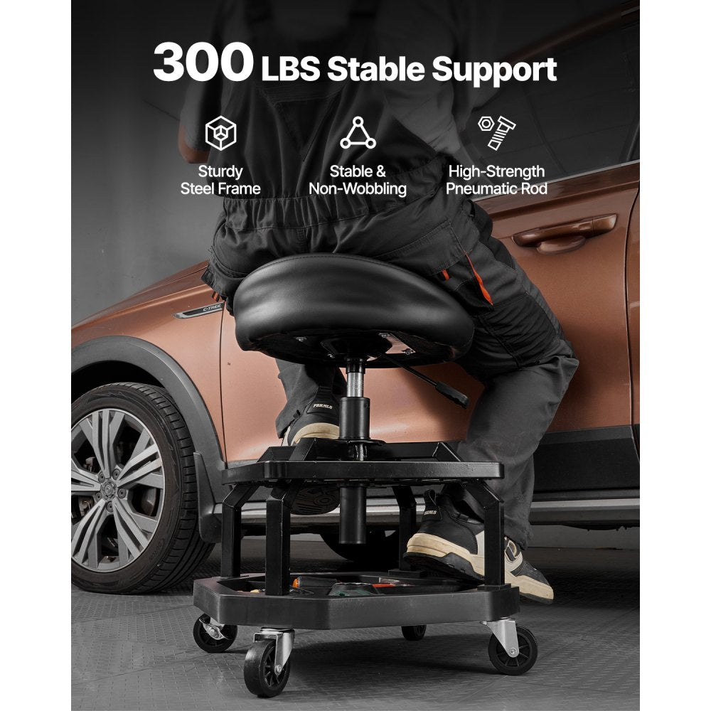 Rolling Shop Stool Adjustable Height Garage Seat 136 kg Load with Caster