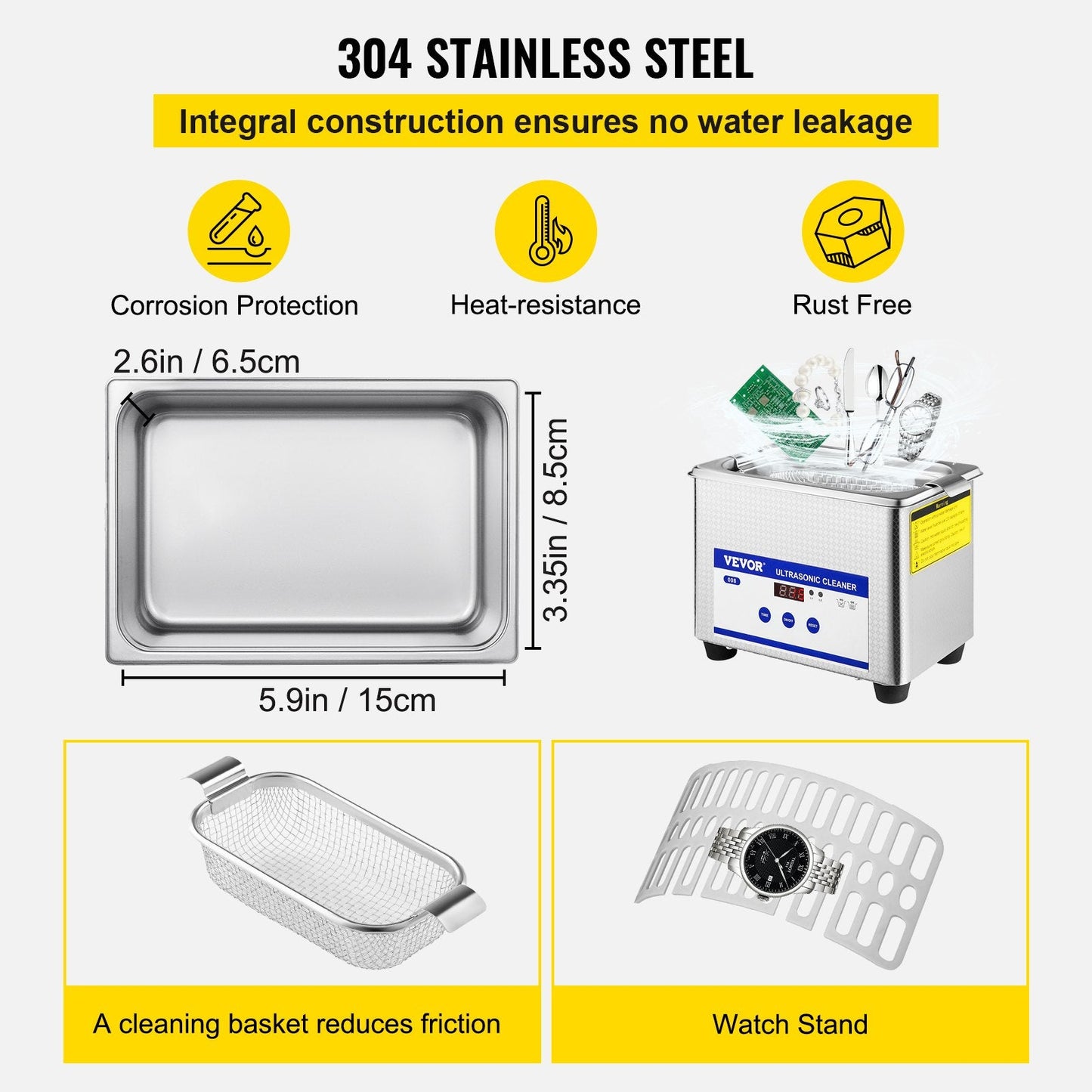 0.8L Stainless Steel Ultrasonic Cleaner with Timer for Jewelry & Small Parts