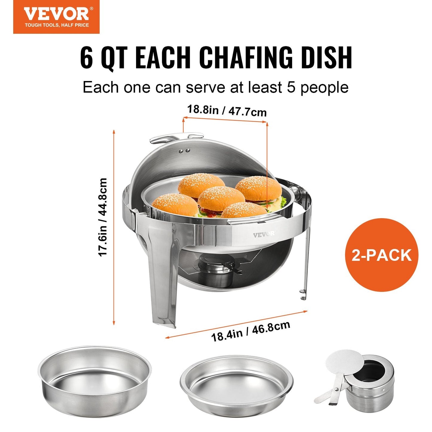 2-Pack Stainless Steel Roll Top Chafing Dish Set with 5.5L Pans and Fuel Holder