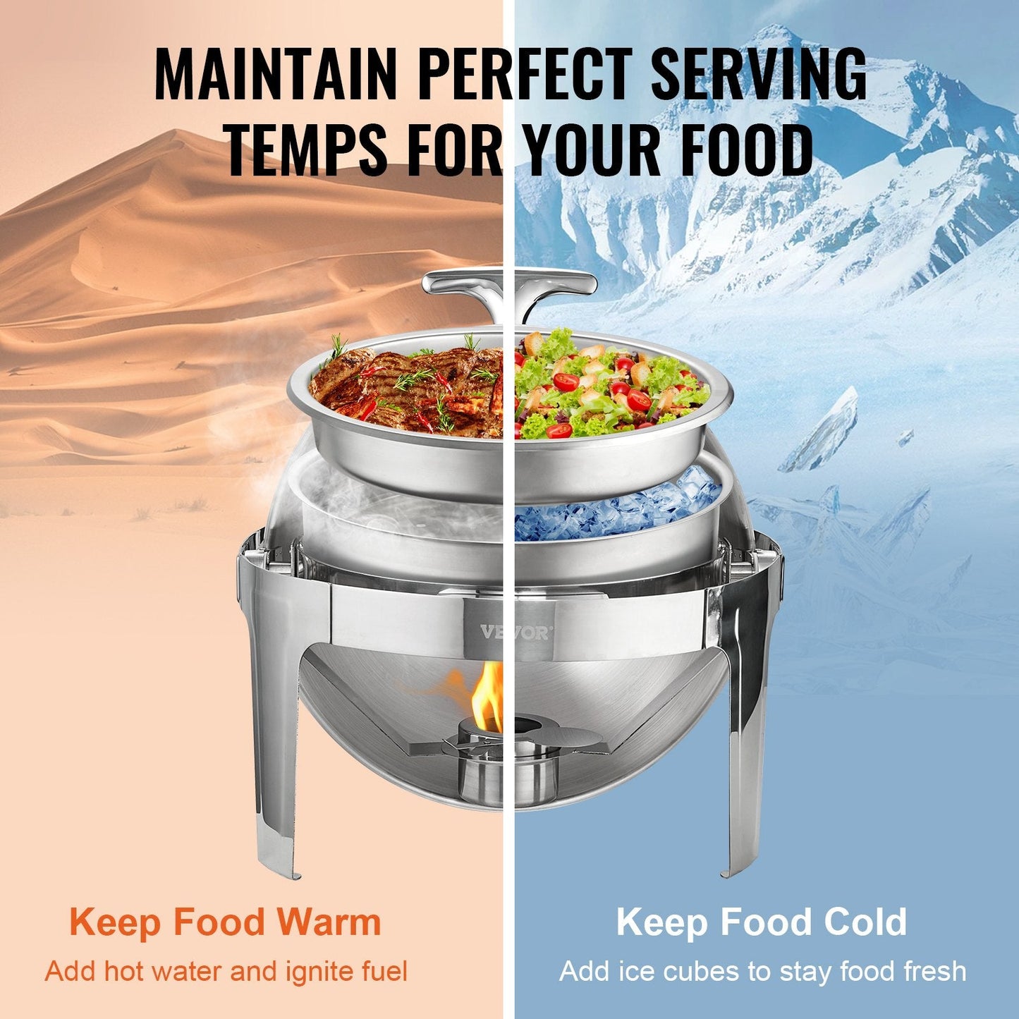 2-Pack Stainless Steel Roll Top Chafing Dish Set with 5.5L Pans and Fuel Holder