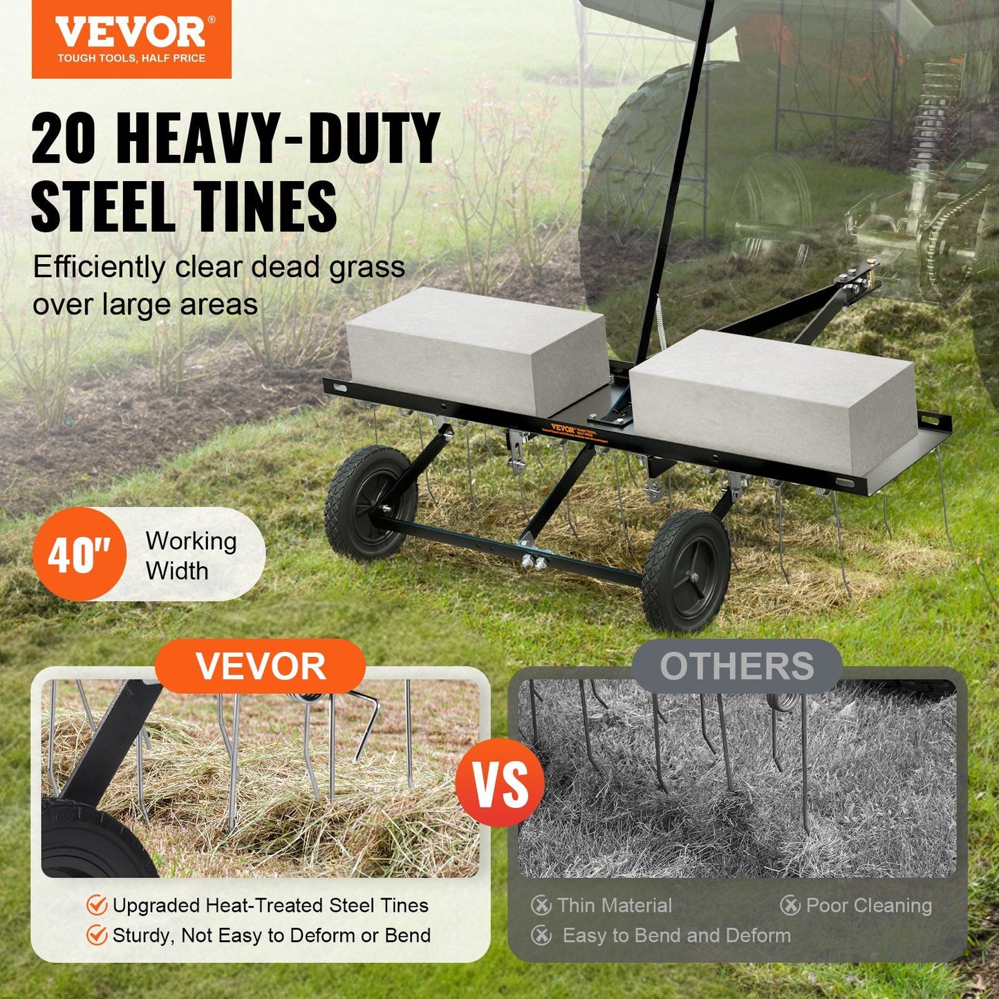 Tow Behind Lawn Dethatcher with 20 Tines, 1m Wide for ATV or Mower