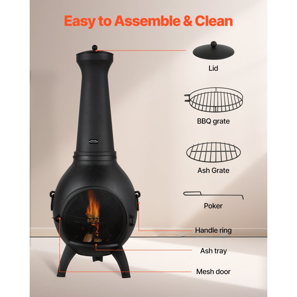 VEVOR 457mm Chiminea Outdoor Wood Burning Firepit with Grill Mesh & Chimney Coat