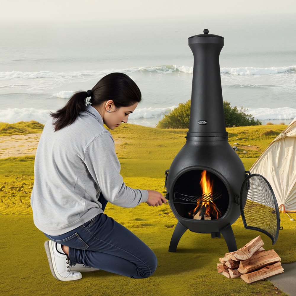 VEVOR 457mm Chiminea Outdoor Wood Burning Firepit with Grill Mesh & Chimney Coat