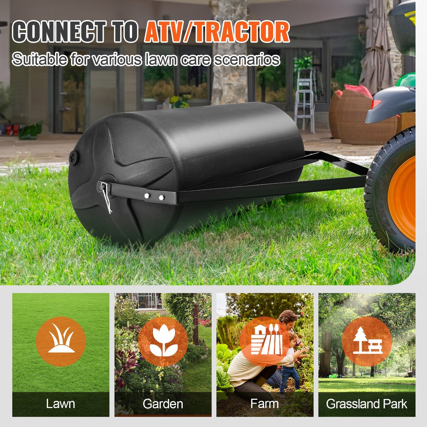 VEVOR Tow Behind Lawn Roller, 400lbs Sand/Water Filled Yard Roller, LLDPE Drum and