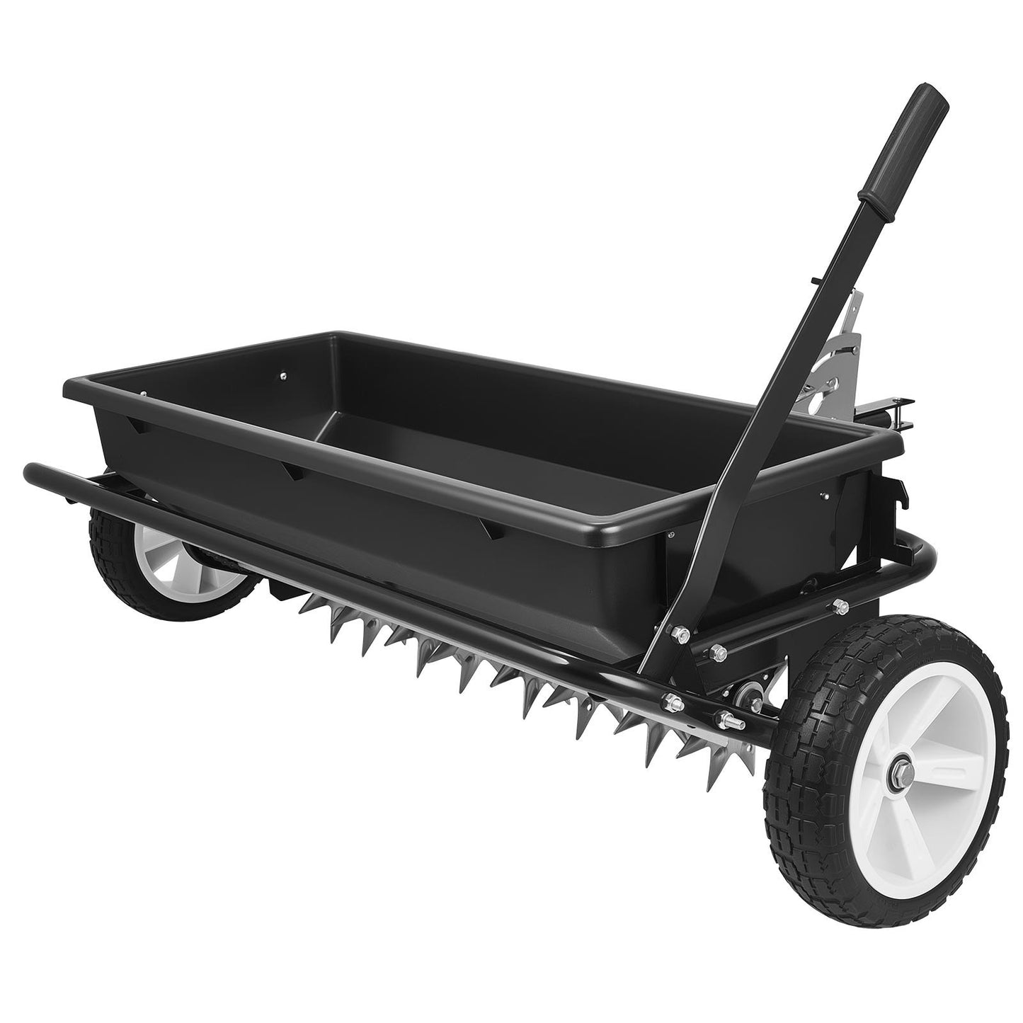 Tow Behind Lawn Spreader with Aeration Spikes, 0.81m Spreading Width, Broadcast Spreader with Universal Hitch, Garden Seeder & Soil Aerator with 100lbs Capacity & 10 in Tires for ATVs UTVs
