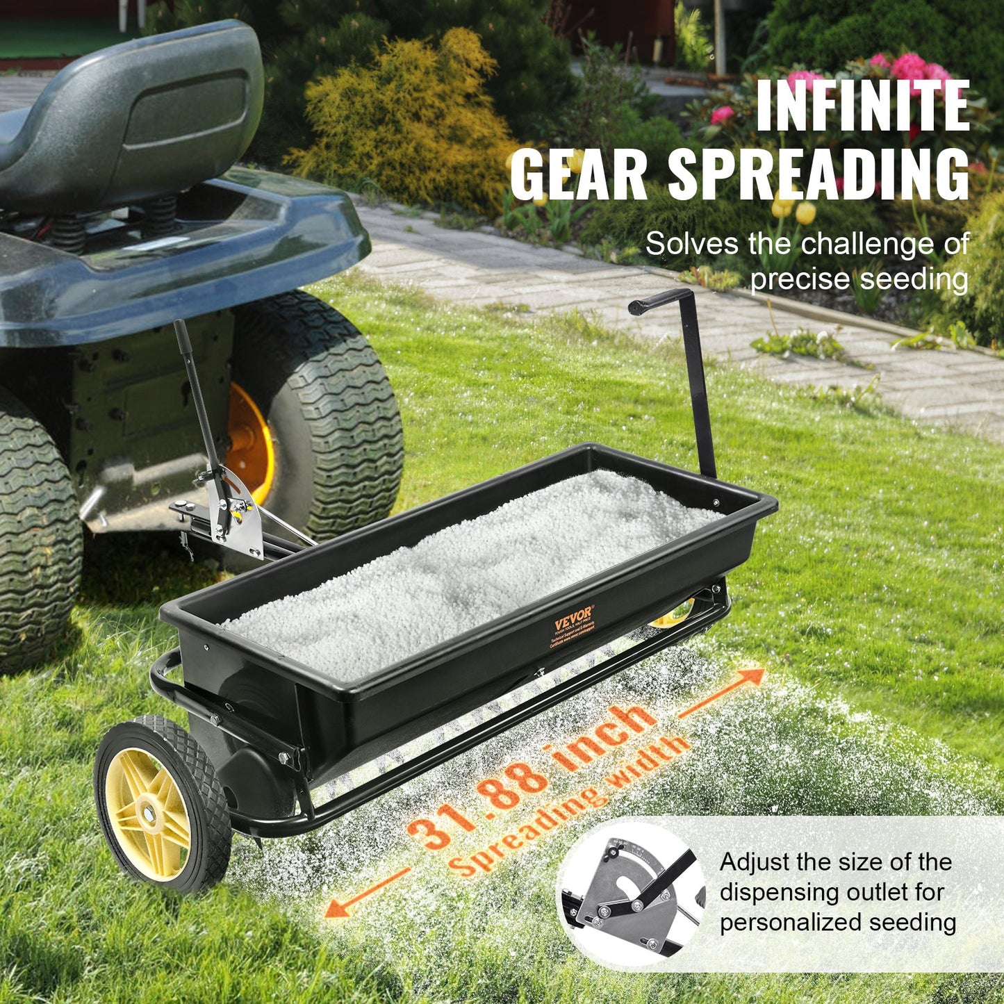 VEVOR Broadcast Spreader, 100 LB Tow Behind Poly Drop Spreader with 10" Wheels,