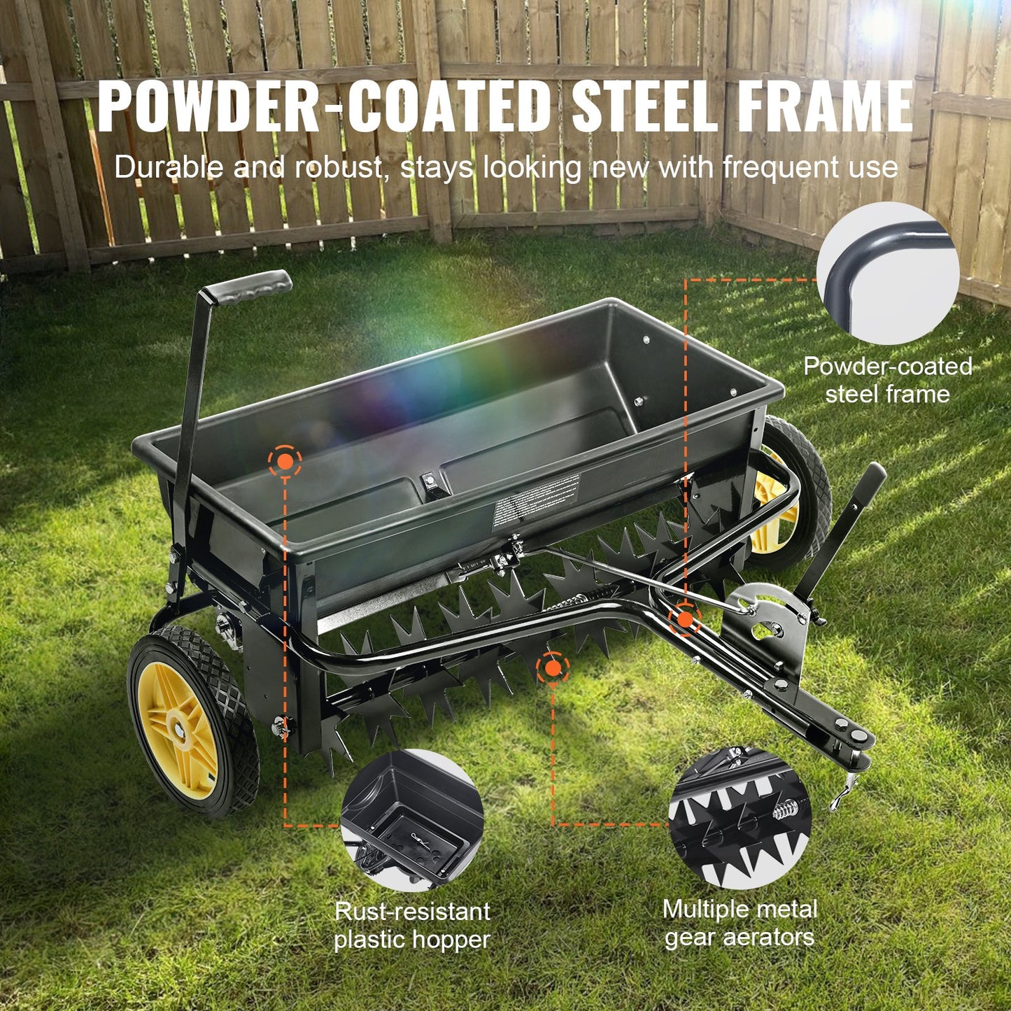 VEVOR Broadcast Spreader, 100 LB Tow Behind Poly Drop Spreader with 10" Wheels,