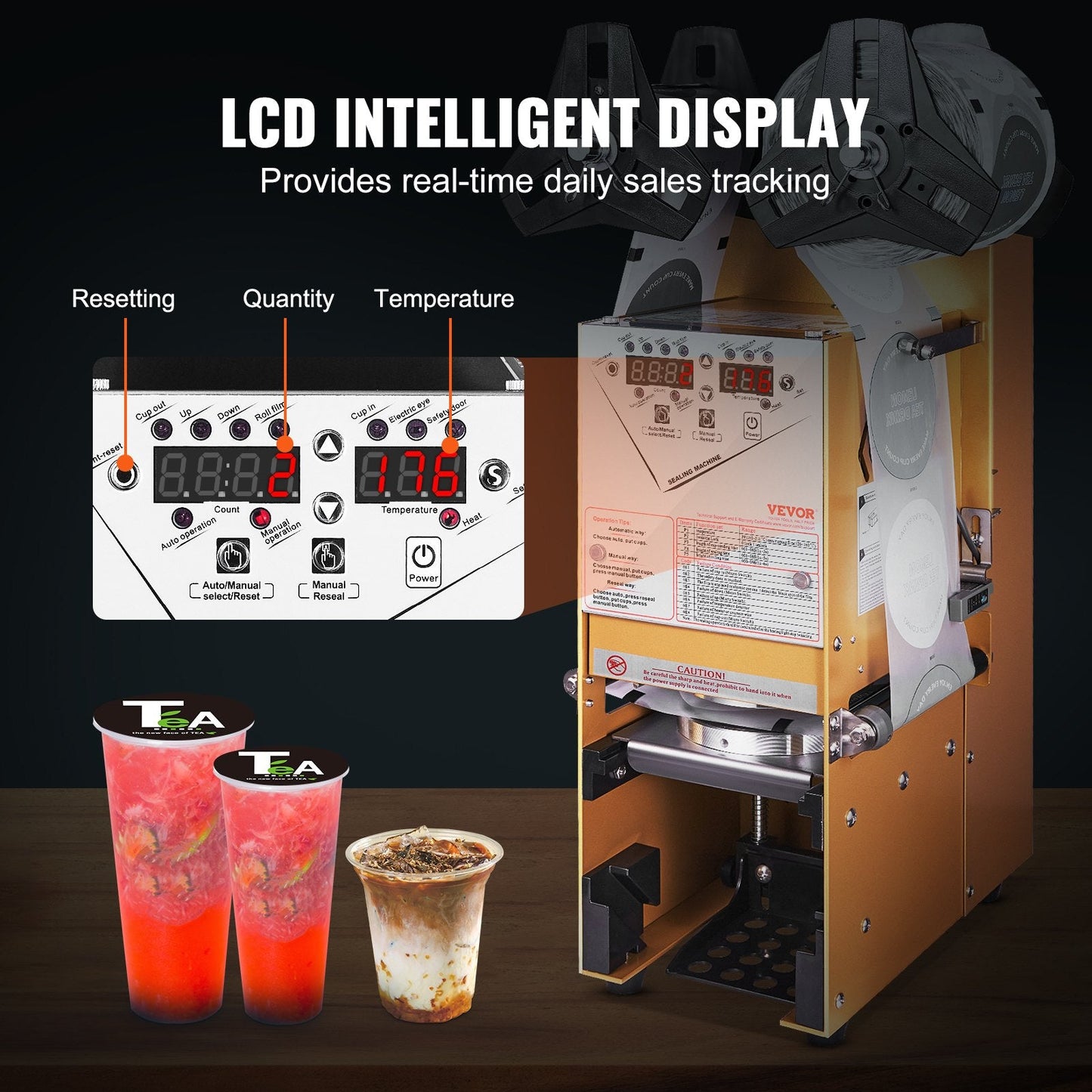 Automatic Cup Sealing Machine, 500-650 Cups/H, Fits 0.18m Tall & 90/95mm Cups