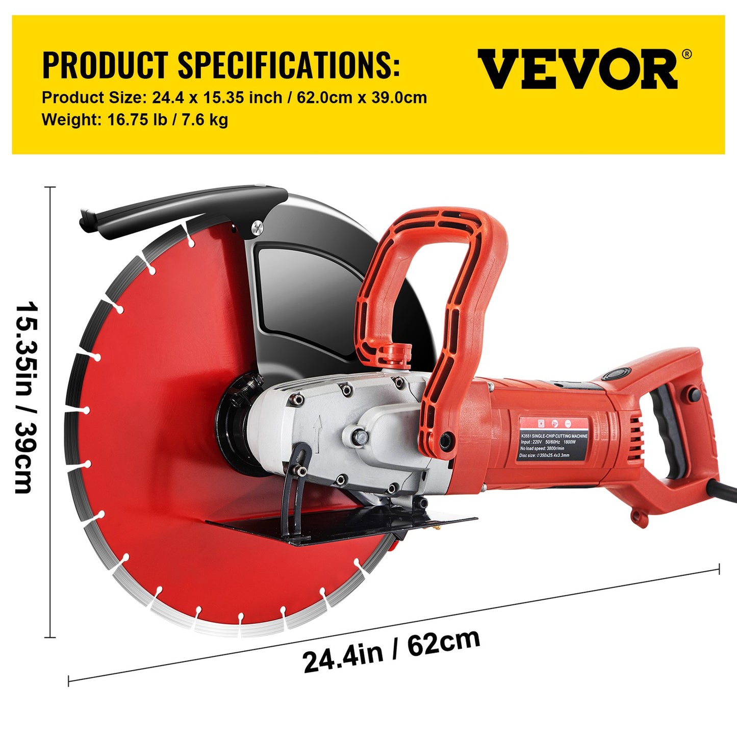 VEVOR Electric Concrete Saw, 14" Concrete Cutter, 1800W Concrete Saw, Electric Circular