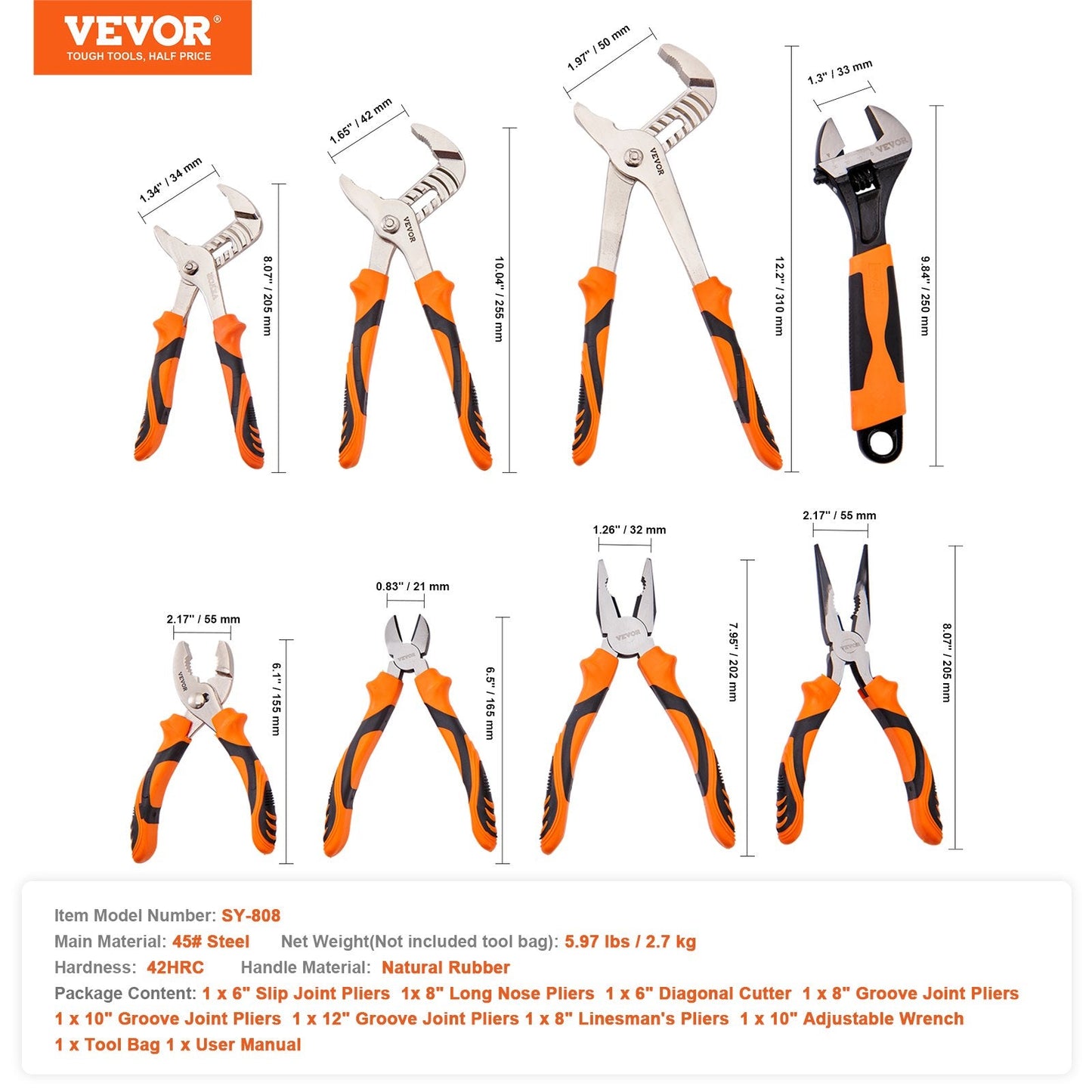 8-Piece High Carbon Steel Pliers Set with Tool Bag, 2.7 kg, 0.3 m Handles