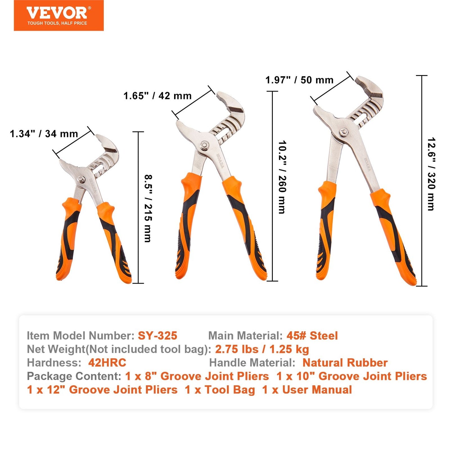 3-Piece Groove Joint Water Pump Pliers Set with TPR Handles, 1.25 kg
