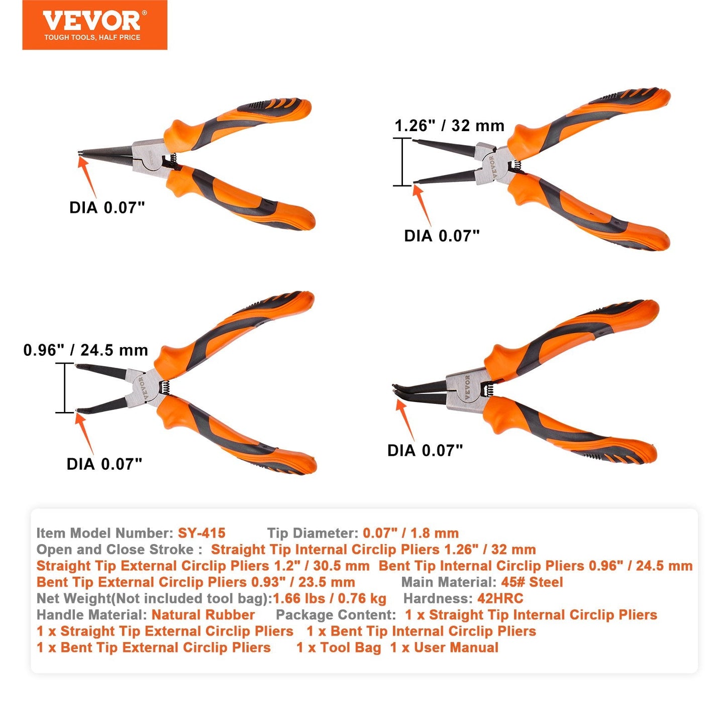 4-Piece Snap Ring Pliers Set, 1.8mm Tips, High Carbon Steel, with Tool Bag