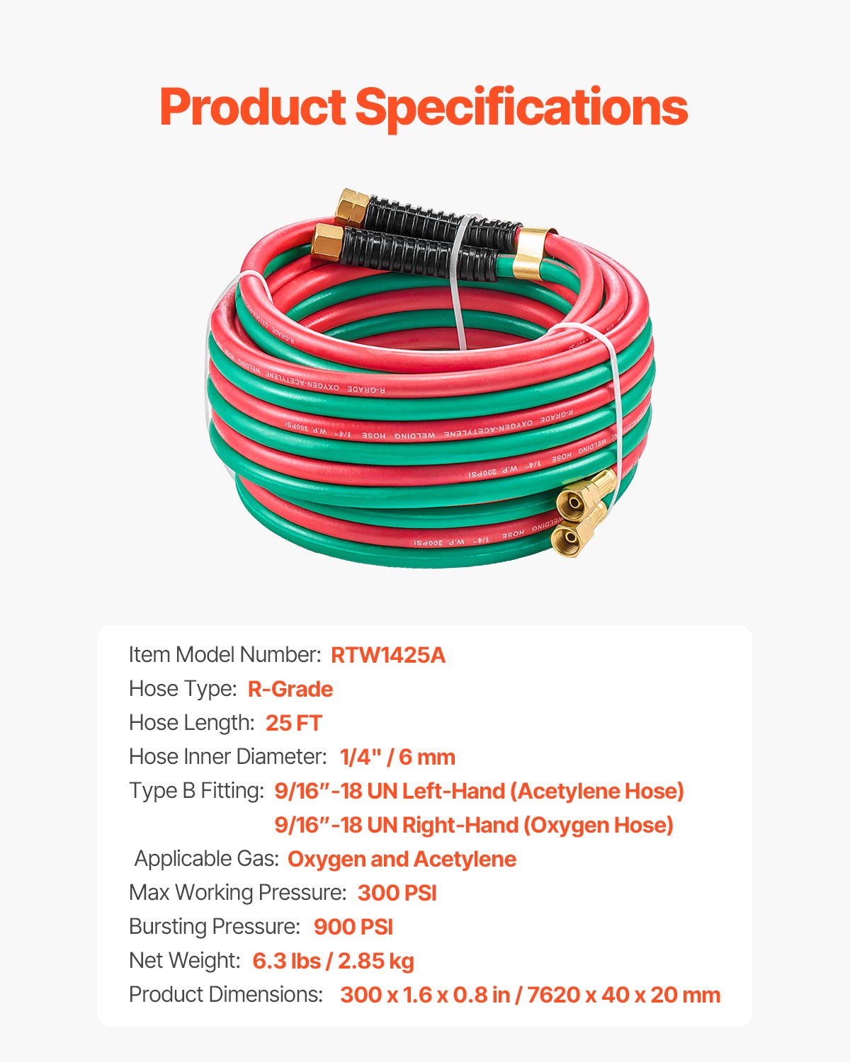 Oxygen Acetylene Hose 1/4-Inch x 25FT R Grade Hose 300PSI Max Working Pressure