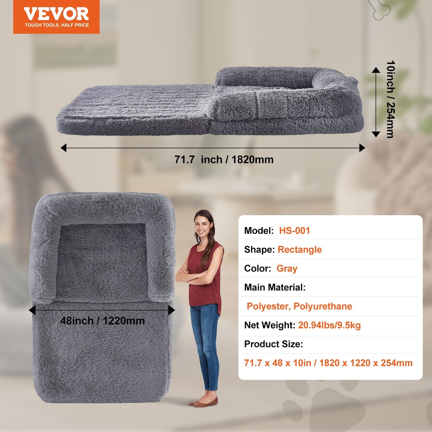 Large Human-Sized Dog Bed with Washable Velvet Cover, 1.82x1.22x0.25m, Gray