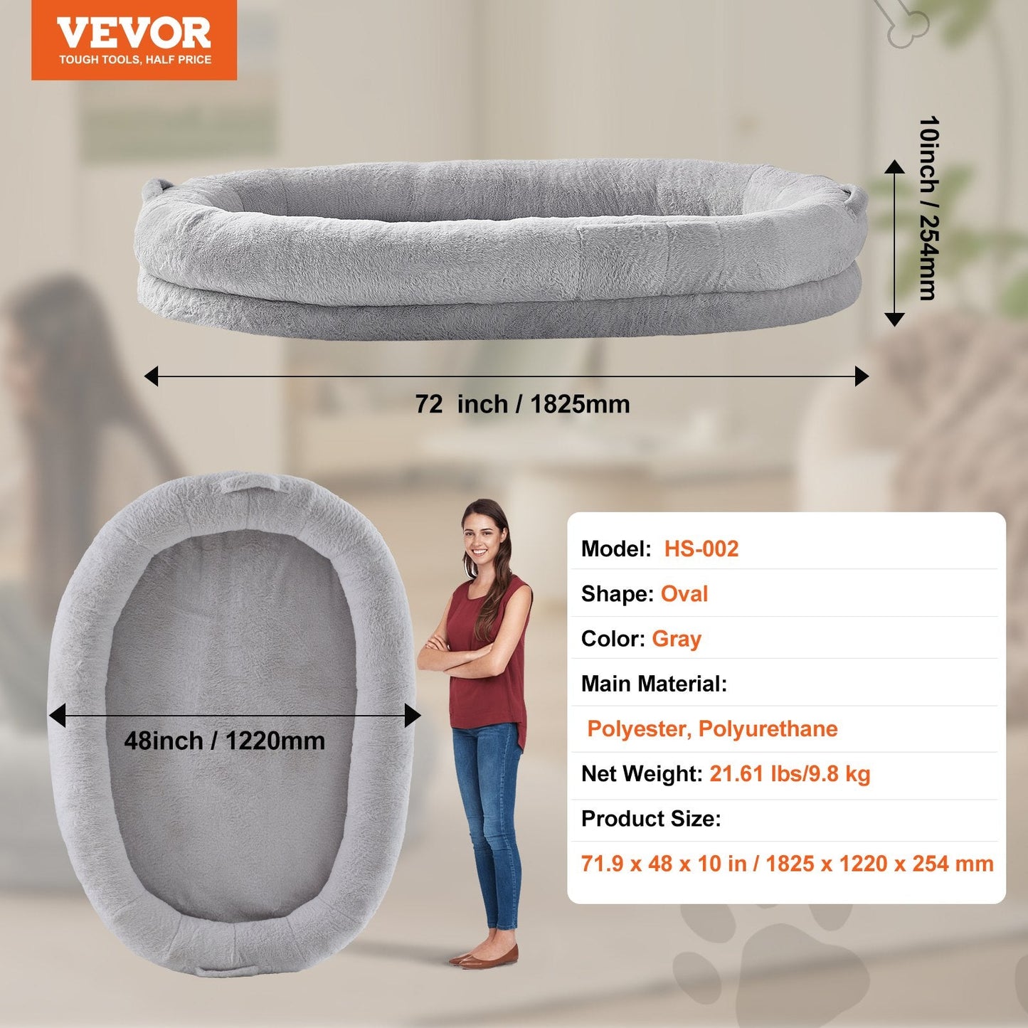 Oversized Washable Human Dog Bed with Faux Rabbit Fur - 1.8 x 1.2 x 0.25 Meters
