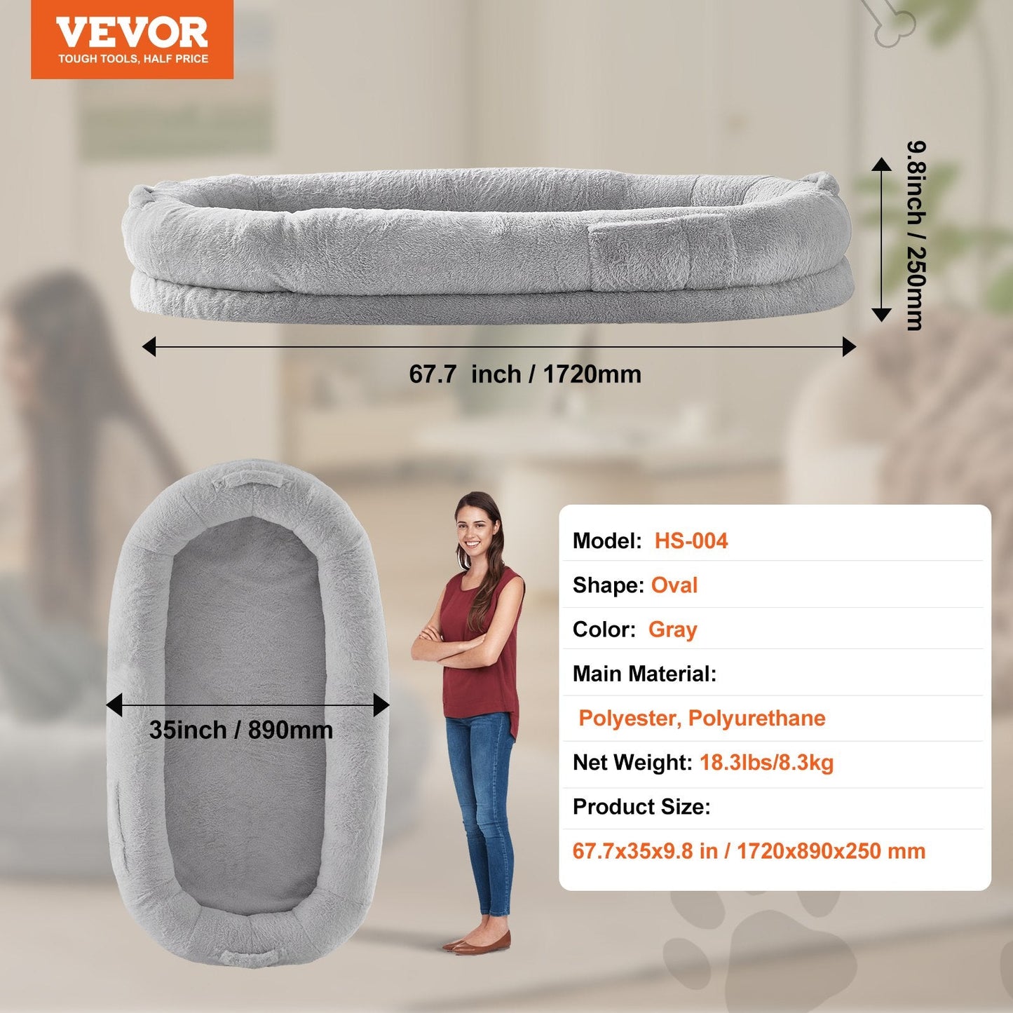 Oversized Human Dog Bed with Washable Faux Fur - 1.72x0.89x0.25m, Gray Oval Design