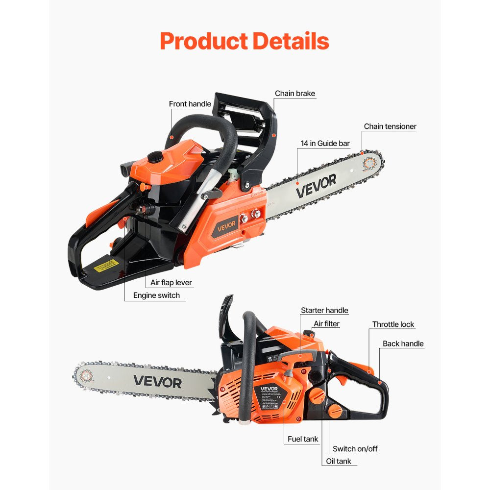 VEVOR 40cc Gas Chainsaw 1.3 kW Gas Powered 355 mm Chainsaw For Wood Cutting