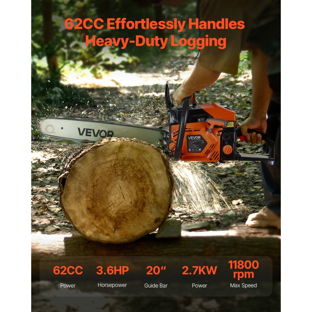 VEVOR 62cc Gas Chainsaw 2.7 kW Gas Powered 508 mm Chainsaw For Wood Cutting