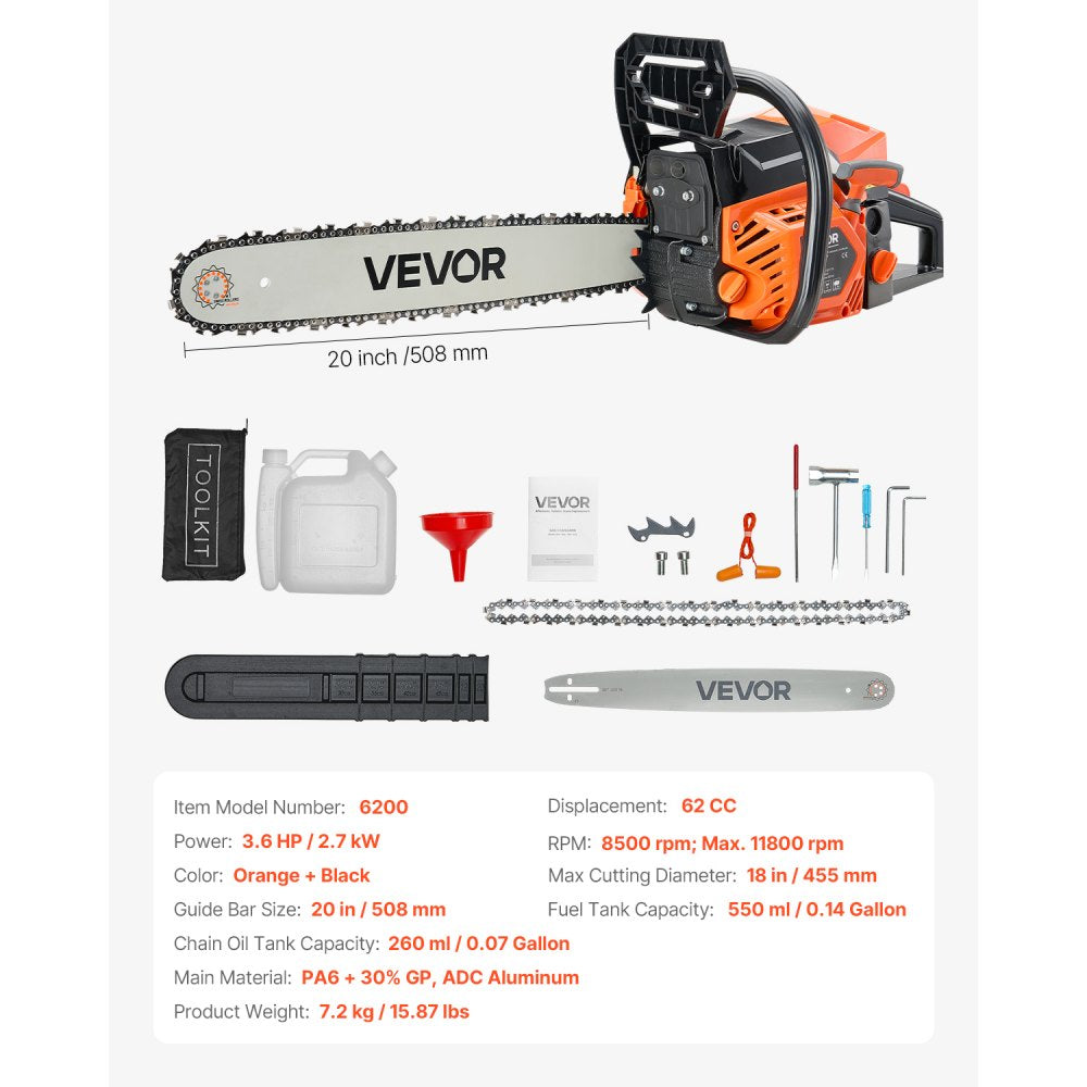 VEVOR 62cc Gas Chainsaw 2.7 kW Gas Powered 508 mm Chainsaw For Wood Cutting