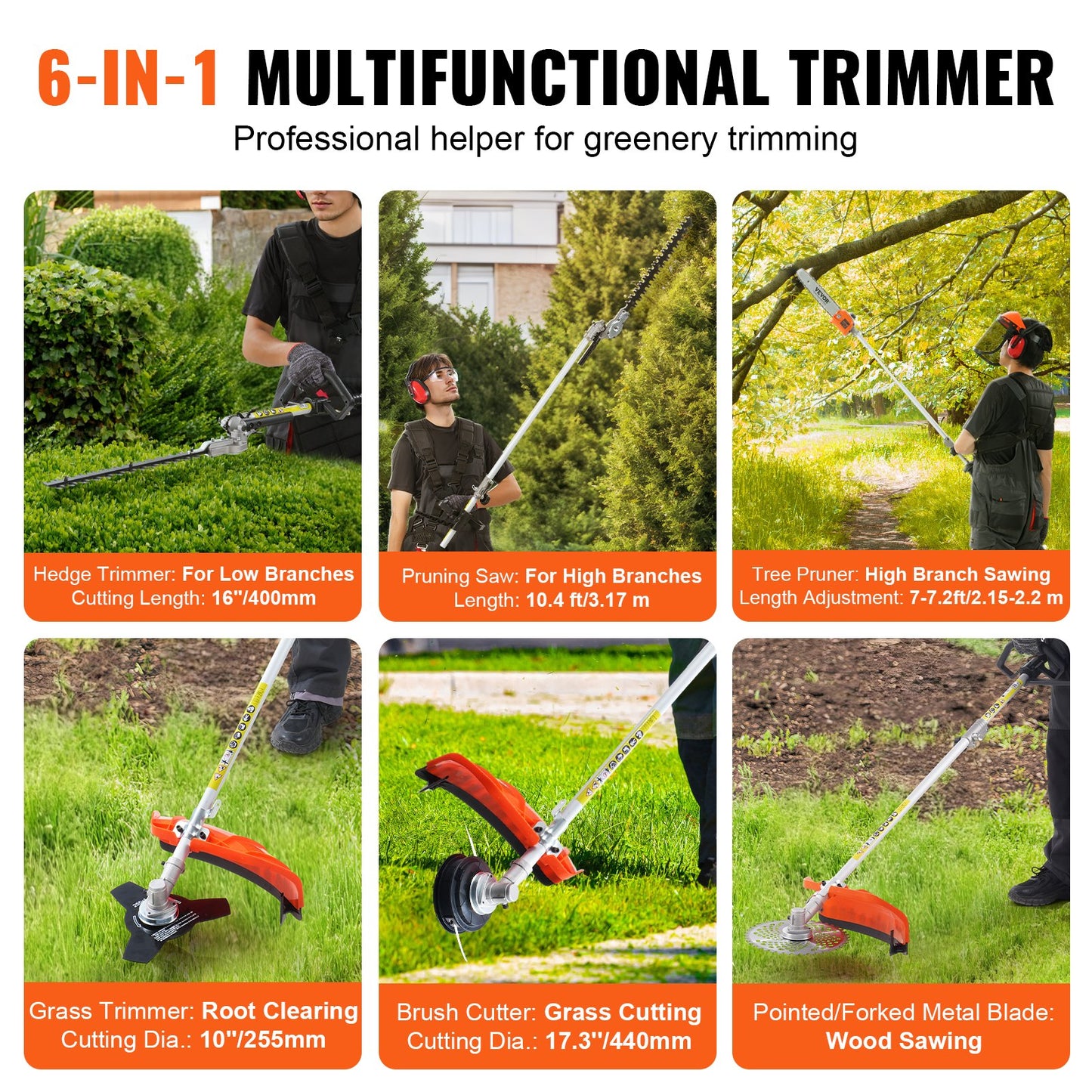 VEVOR 52CC 6-in-1 Multi-Functional Trimming Tools, Gas Hedge Trimmer, Weed Eater,