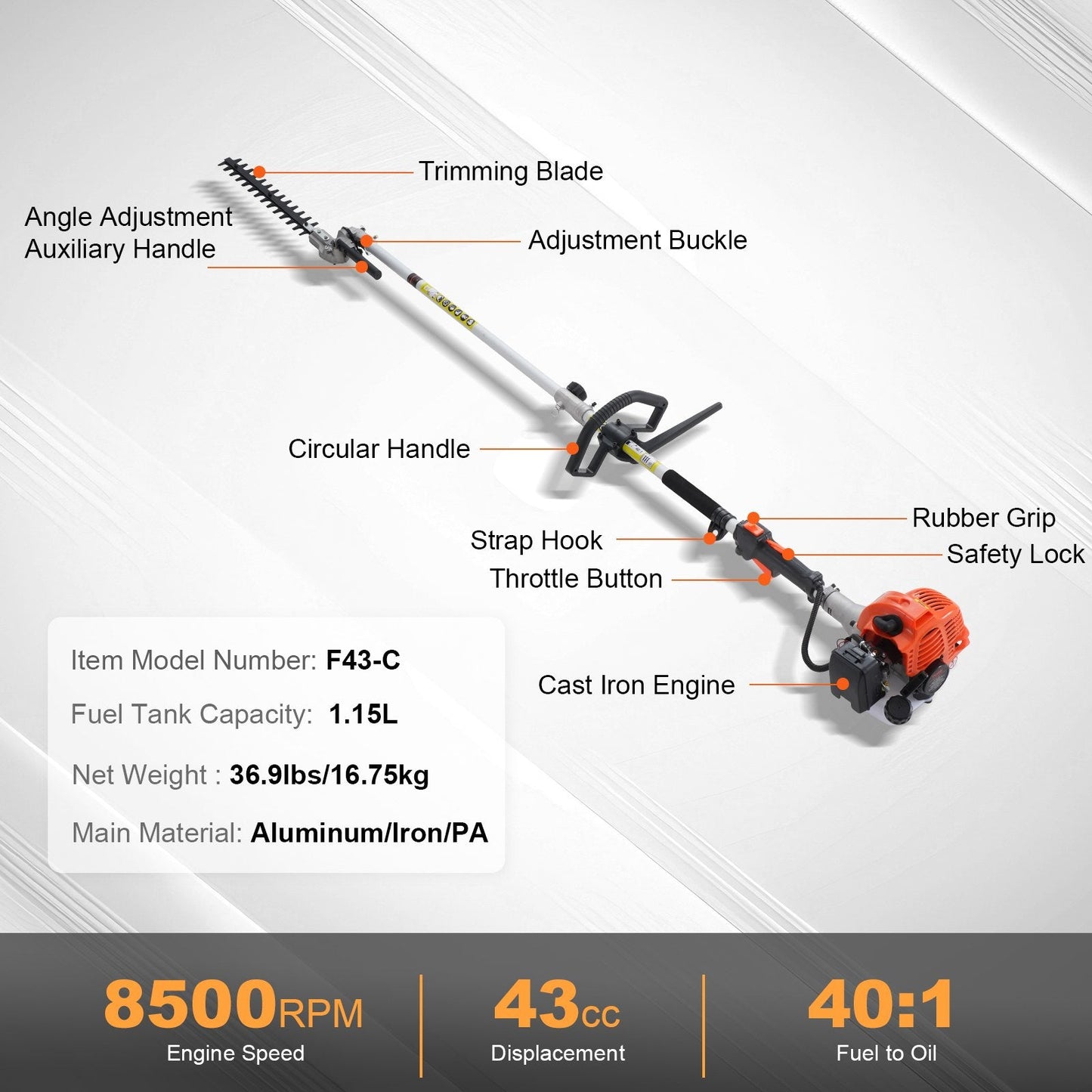 43cc 6-in-1 Gas Trimmer: Hedge, Weed, Brush, Edger, Pole Saw, 16.75 kg