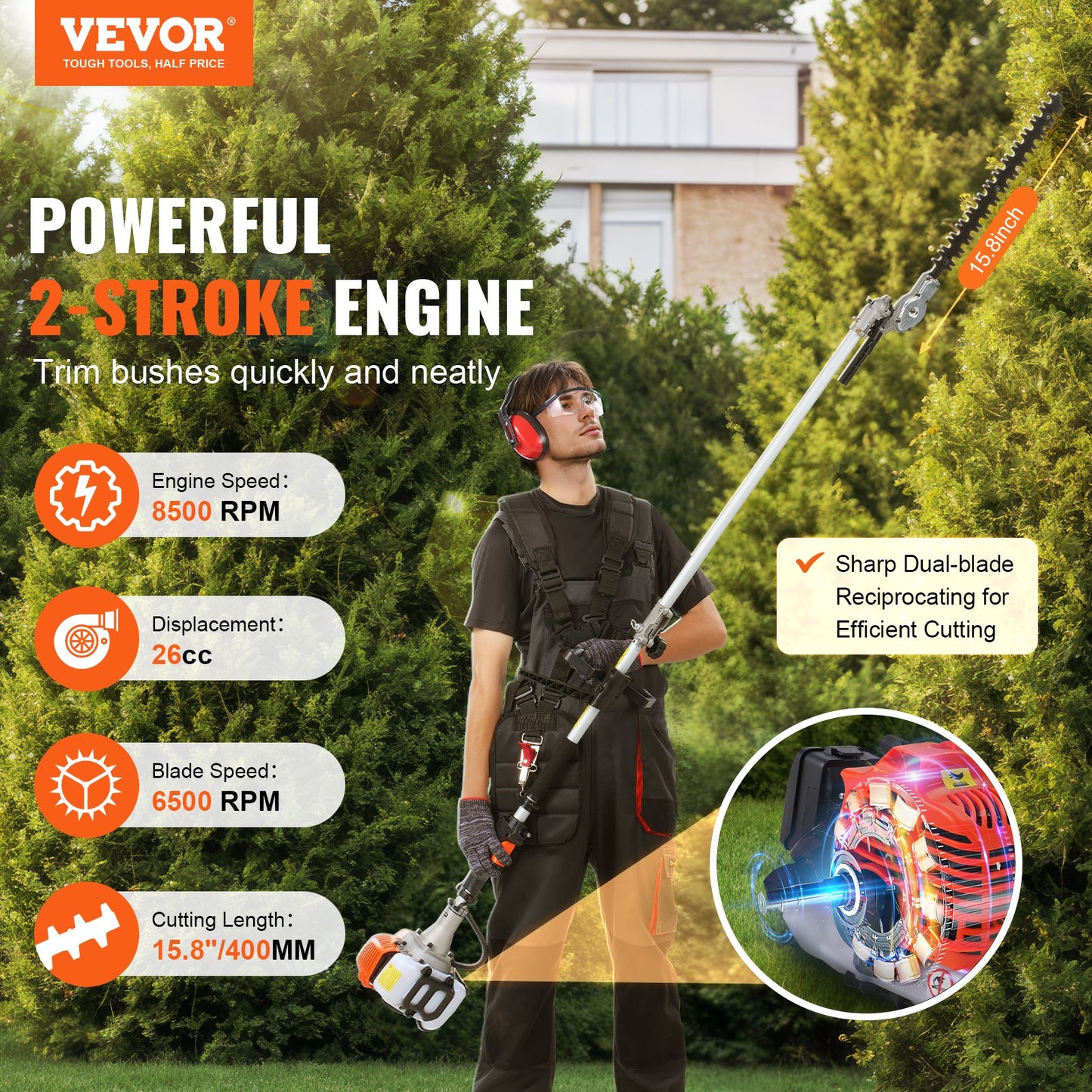 VEVOR 15.7-inch 26CC 2 Cycle Gas Hedge Trimmer, Gas Powered Pole Hedge Trimmer with