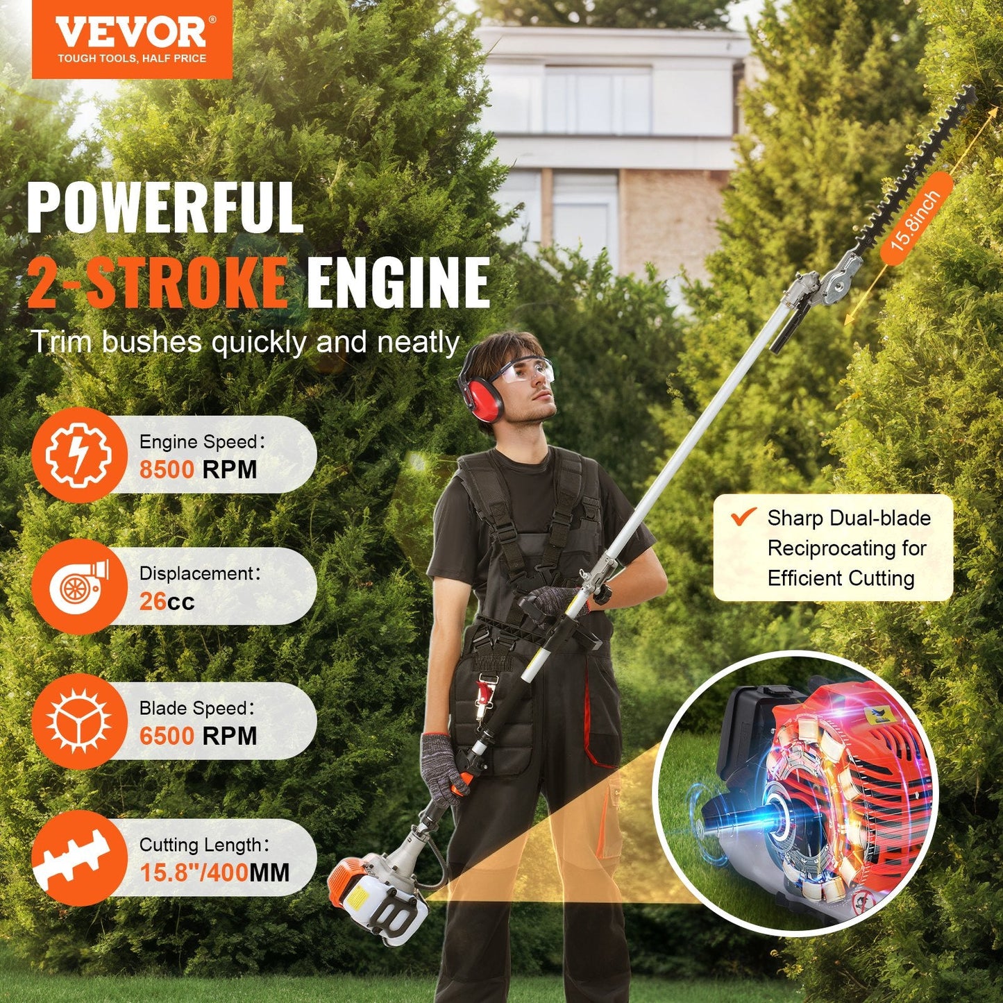 26CC Gas Hedge Trimmer with 4m Pole & Dual Action Blade, 270° Adjustable Head