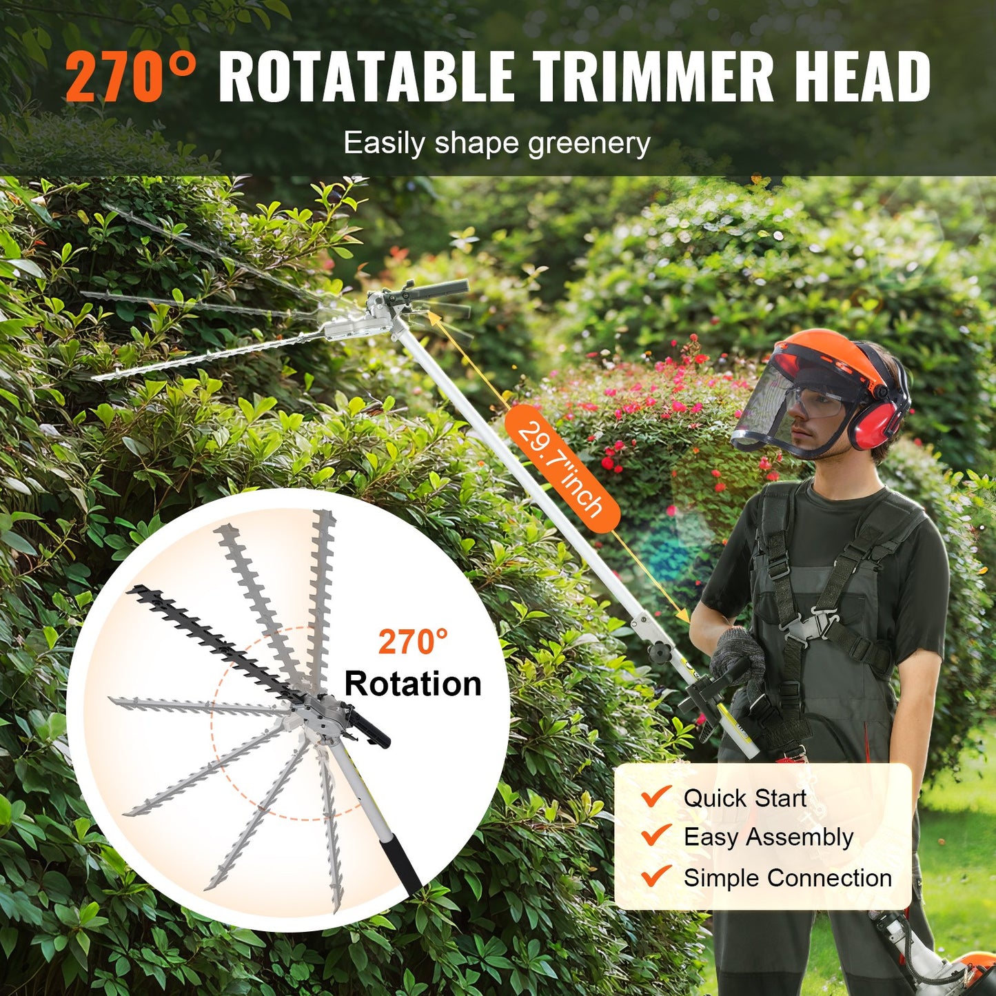 VEVOR 15.7-inch 26CC 2 Cycle Gas Hedge Trimmer, Gas Powered Pole Hedge Trimmer with