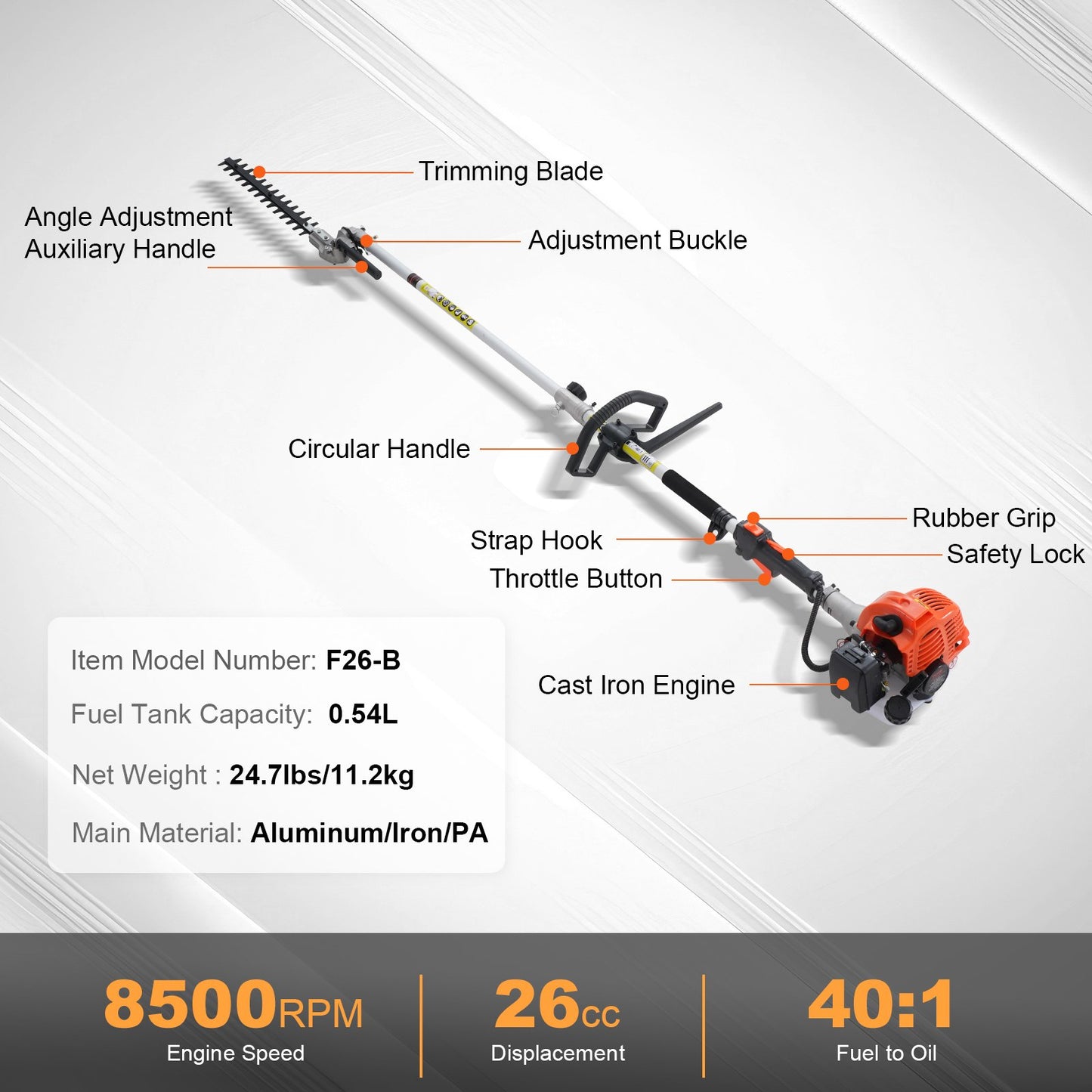 VEVOR 15.7-inch 26CC 2 Cycle Gas Hedge Trimmer, Gas Powered Pole Hedge Trimmer with