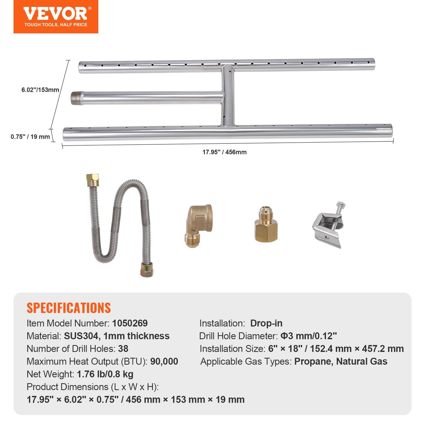VEVOR 6 x 18 inch Drop-in Fire Pit Pan, Rectangular Stainless Steel Fire Pit Burner,