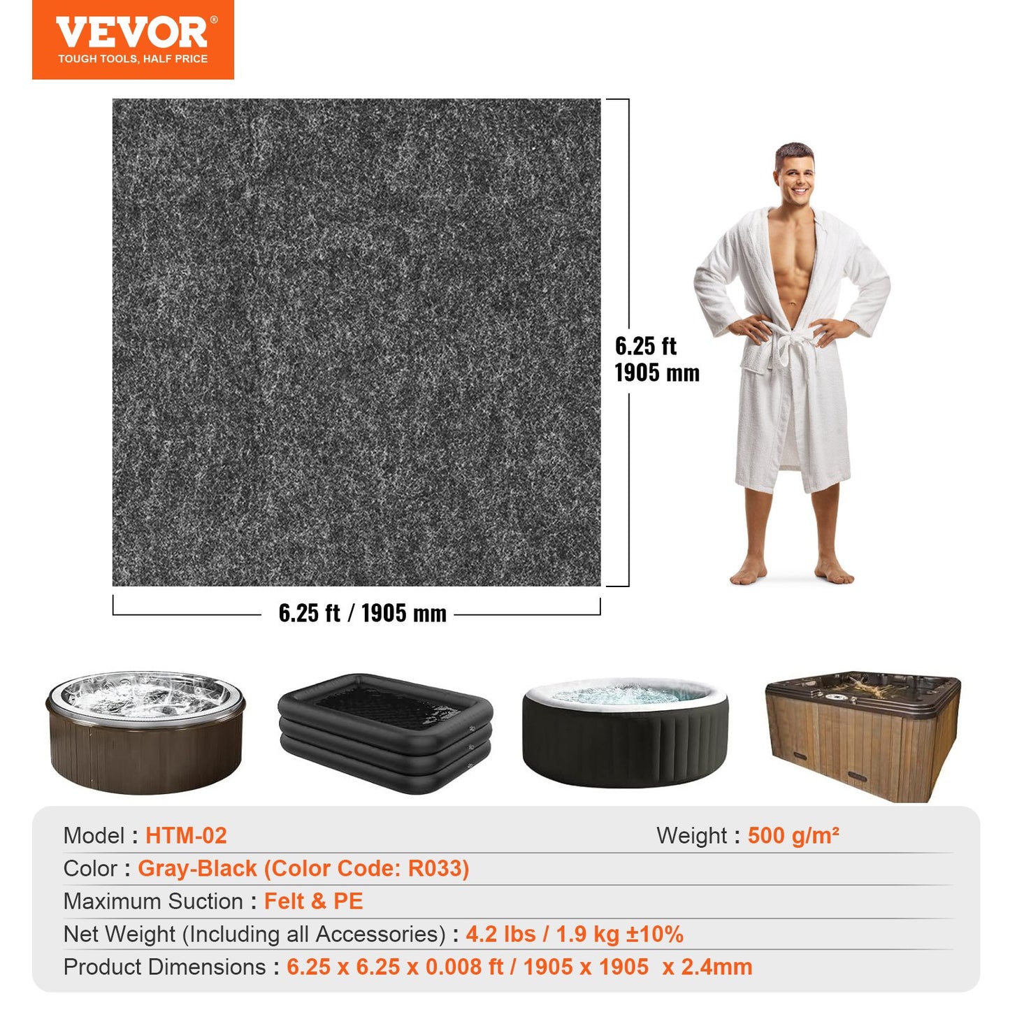 VEVOR 1.9 x 1.9 M Hot Tub Mat, Extra Large Inflatable Hot Tub Pad, Waterproof Slip-Proof