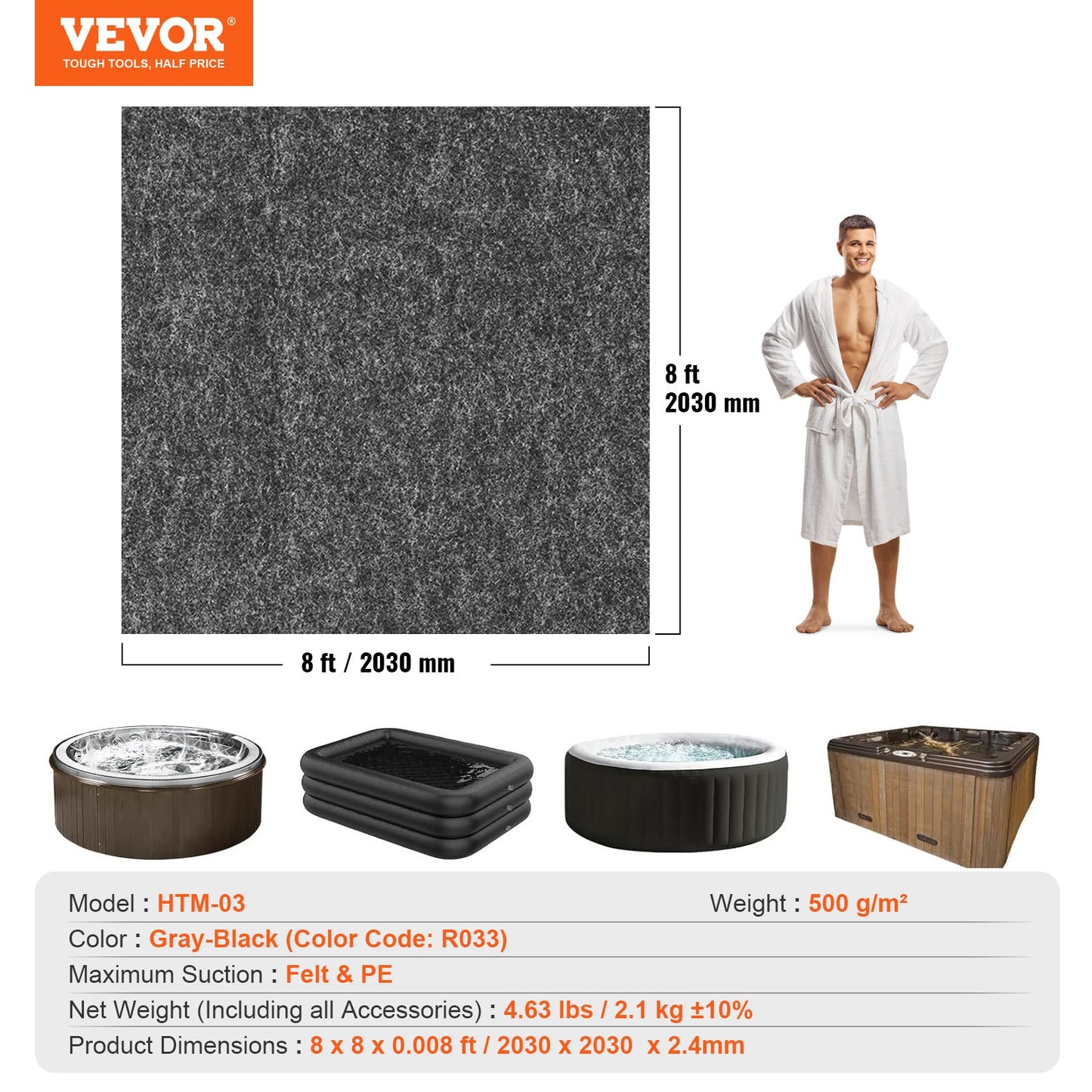 VEVOR 2 x 2 M Hot Tub Mat, Extra Large Inflatable Hot Tub Pad, Waterproof Slip-Proof