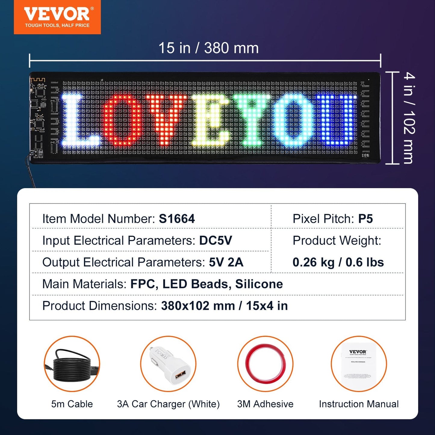 Programmable LED Scrolling Display Board, Custom Text, Bluetooth Control, 38x10cm