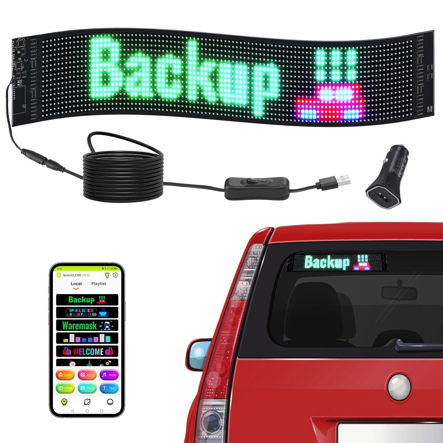 Programmable Full Color LED Display Board with Bluetooth Control, 68x12cm