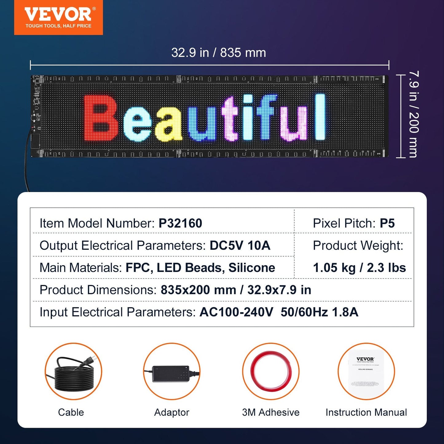 Programmable Full Color LED Sign with Bluetooth Control, 83.5x20 cm Display Board