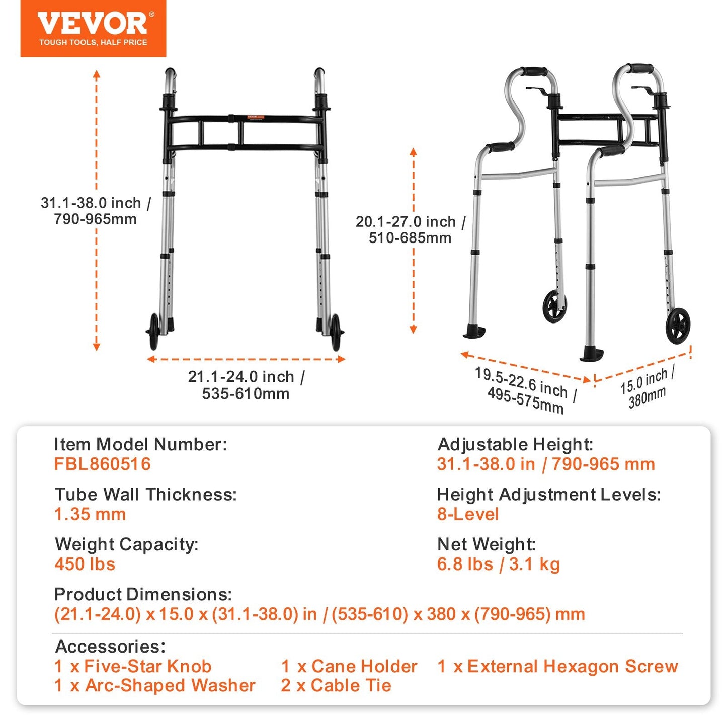 Adjustable Folding Walker with Stand-Assist, 450 kg Capacity, Aluminum Frame