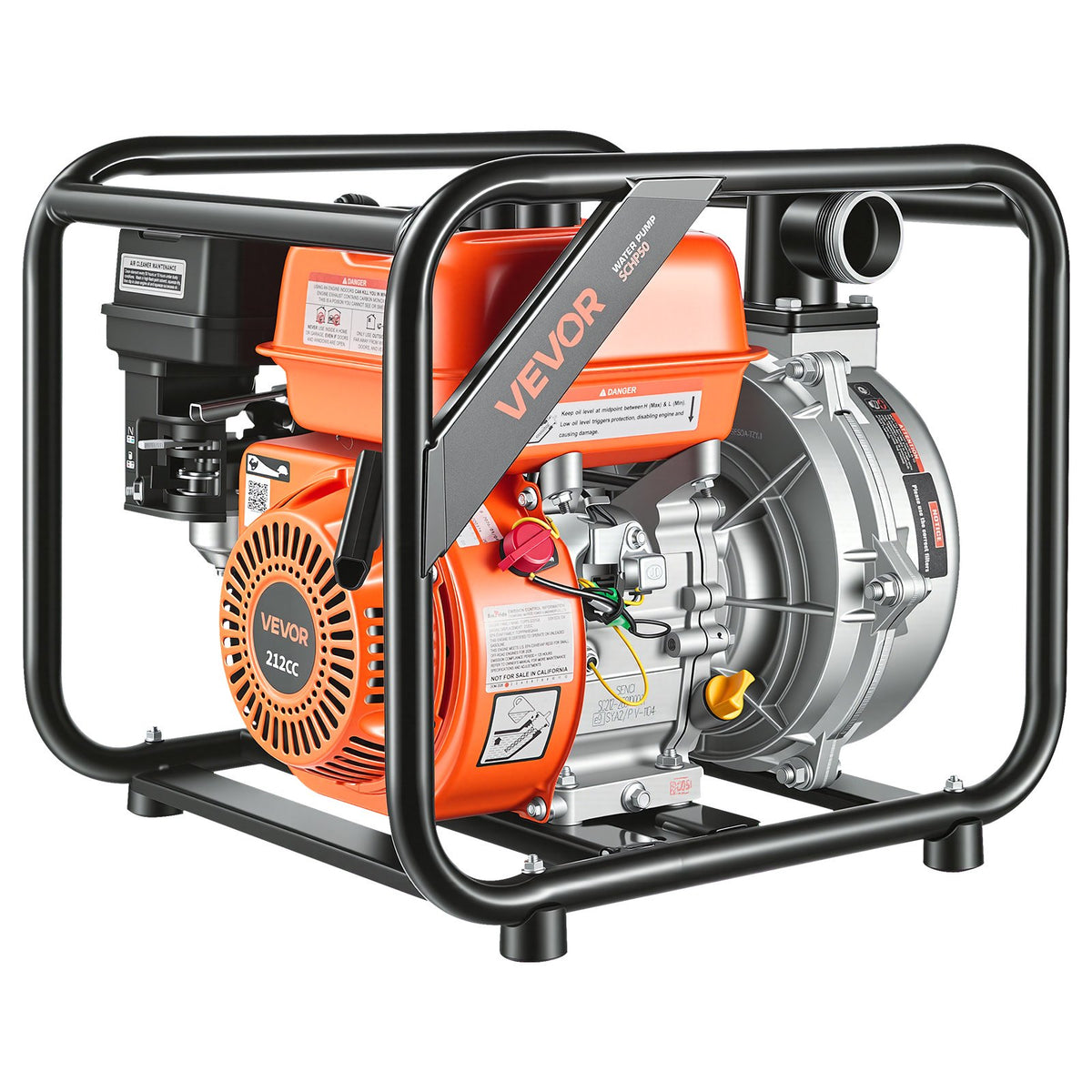 Gas Powered Water Pump, 50.8 mm, 128 GPM 6HP Semi Trash Water Transfer Pump Portable, Gasoline Engine with 7.62 m Discharge Hose, Heavy Duty Frame, Cast Iron Impeller, for Irrigation, Pools